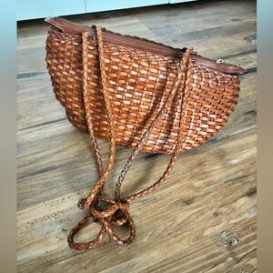 Ellepi Vintage Basket Handbag Purse Genuine Leather Weave Woven Tan Shoulder Bag